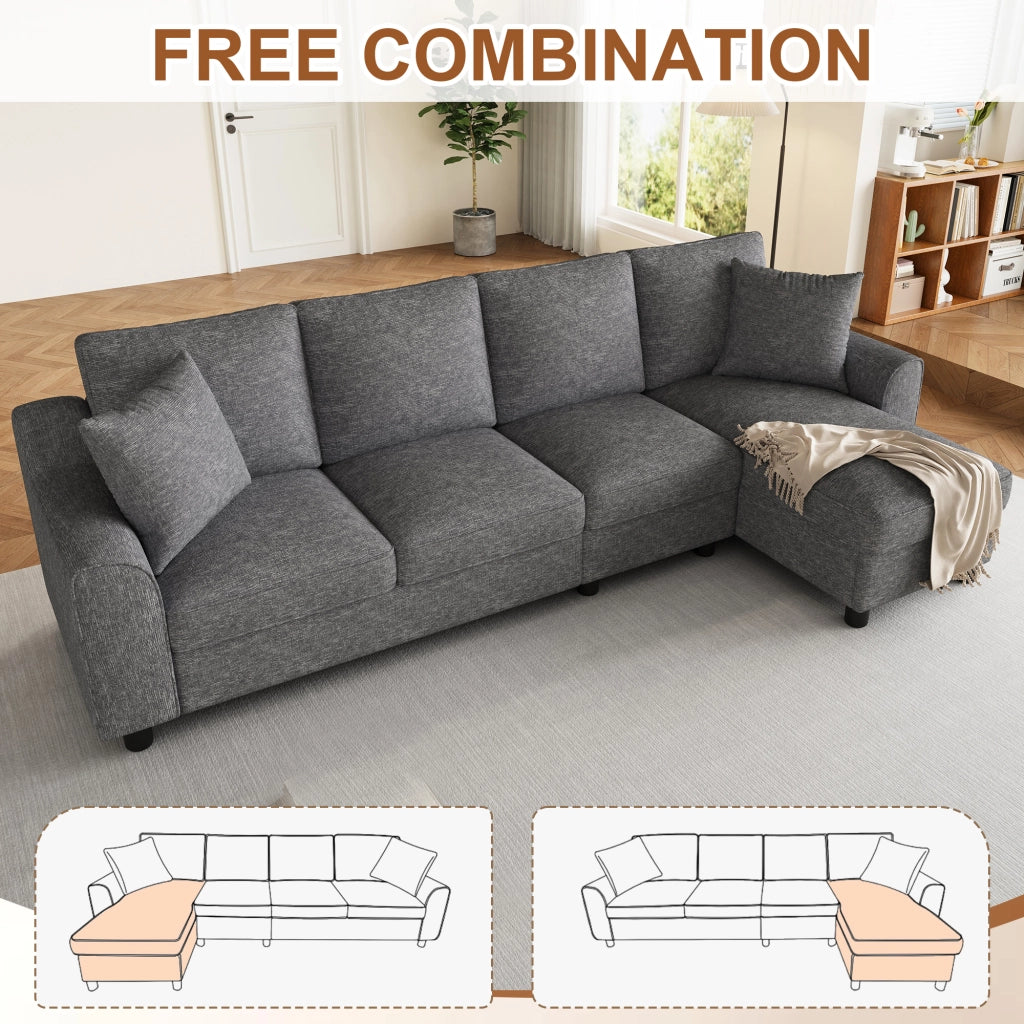 Divano a tre posti, divano ad angolo, tessuto chenille, vano portaoggetti, portabicchieri, design modulare, grigio