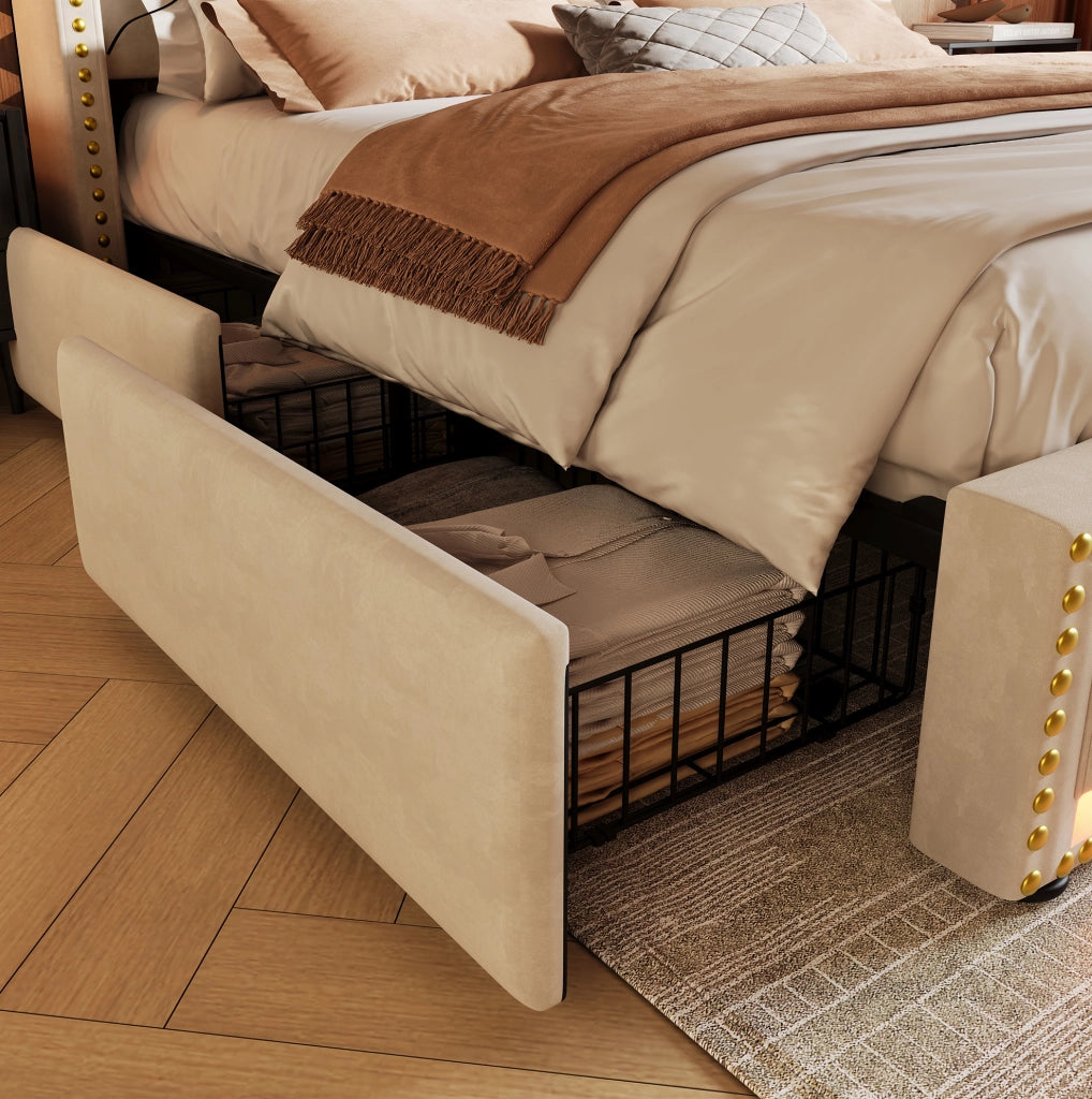 Letto matrimoniale imbottito 140x200 cm in velluto beige con 4 cassetti; LED e USB-C