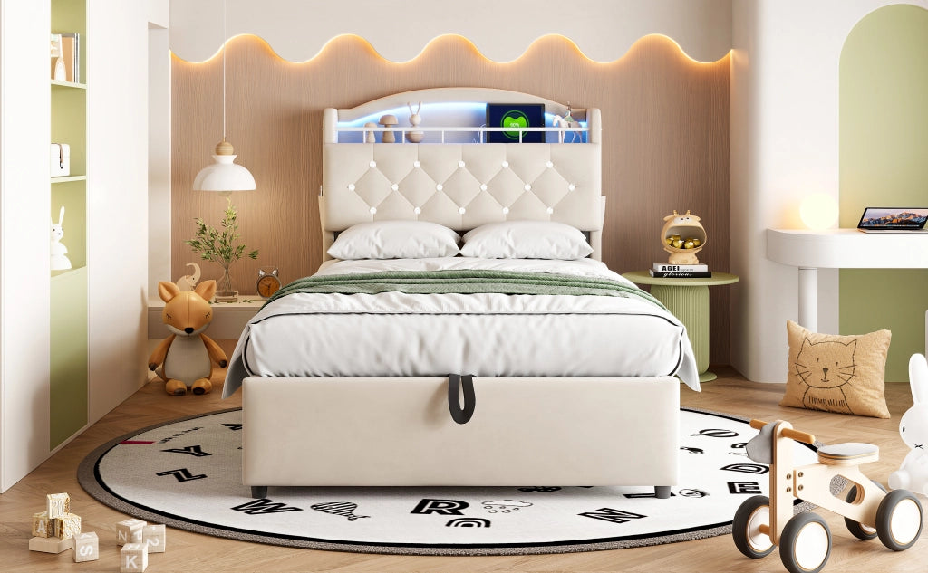 DESMIU Litto per bambini 90 × 200 cm con contenitore, LED e USB, senza materasso, in velluto, beige