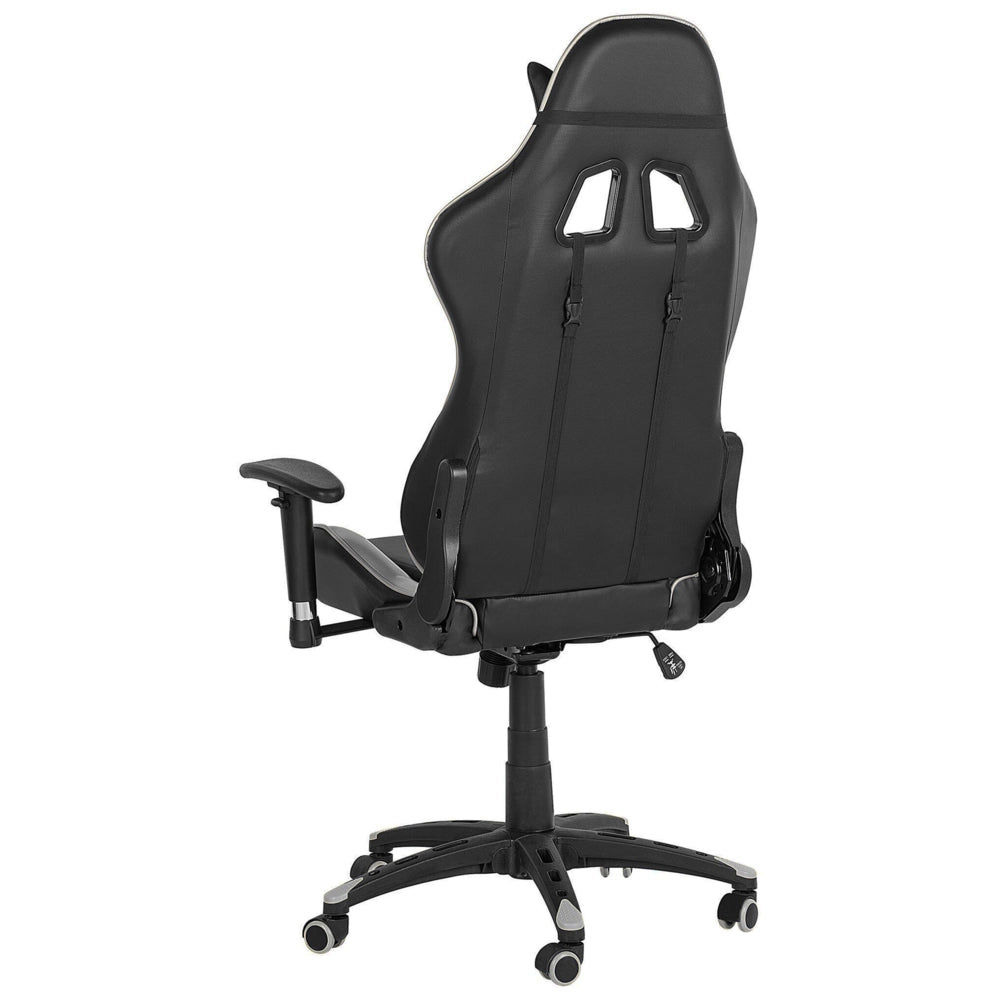 Sedia da gaming girevole in pelle sintetica nera e argento regolabile in altezza
