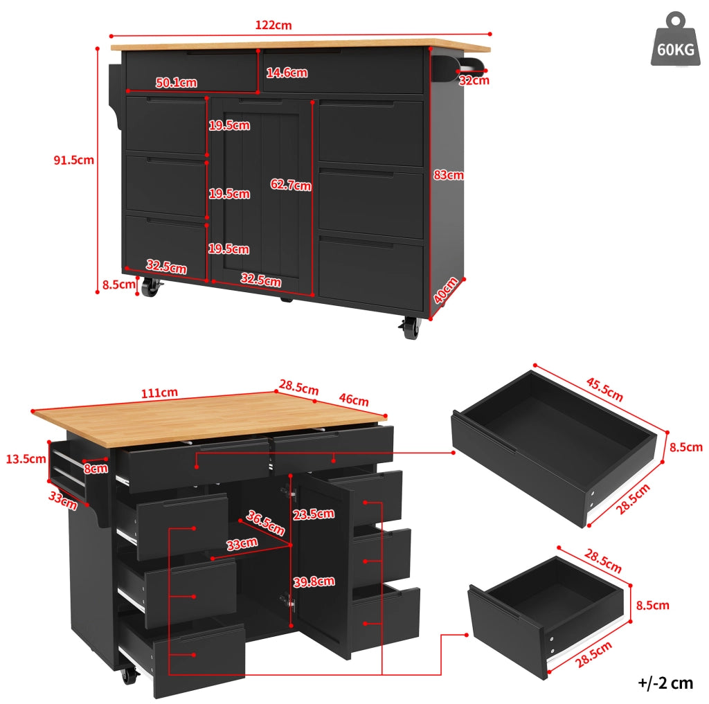 Isola cucina mobile in MDF nero con piano pieghevole e 8 cassetti