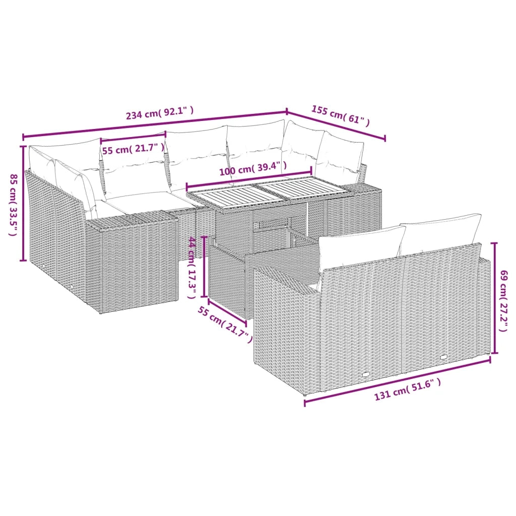 Set Divani da Giardino 11 pz con Cuscini Beige in Polyrattan