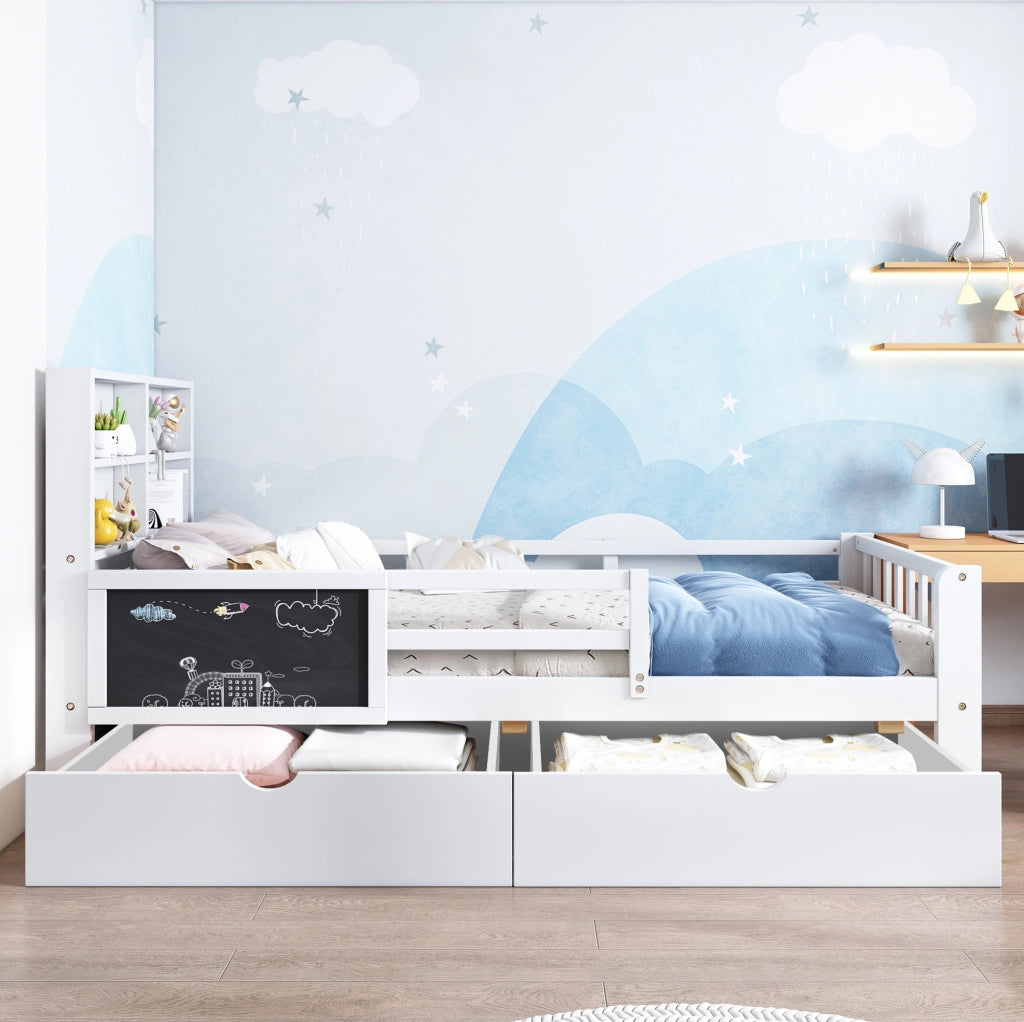 Letto per bambini 90x200 cm con lavagna e cassetti; legno e MDF; bianco (Senza materasso)