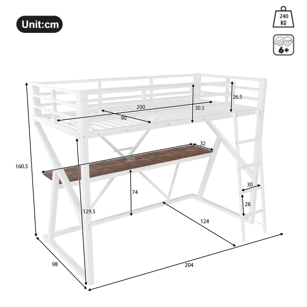 OKWISH Letto a soppalco 90×200 cm, Letto Singolo con LED Multicolore, Scrivania e Scala, senza Materasso, in Metallo, Bianco