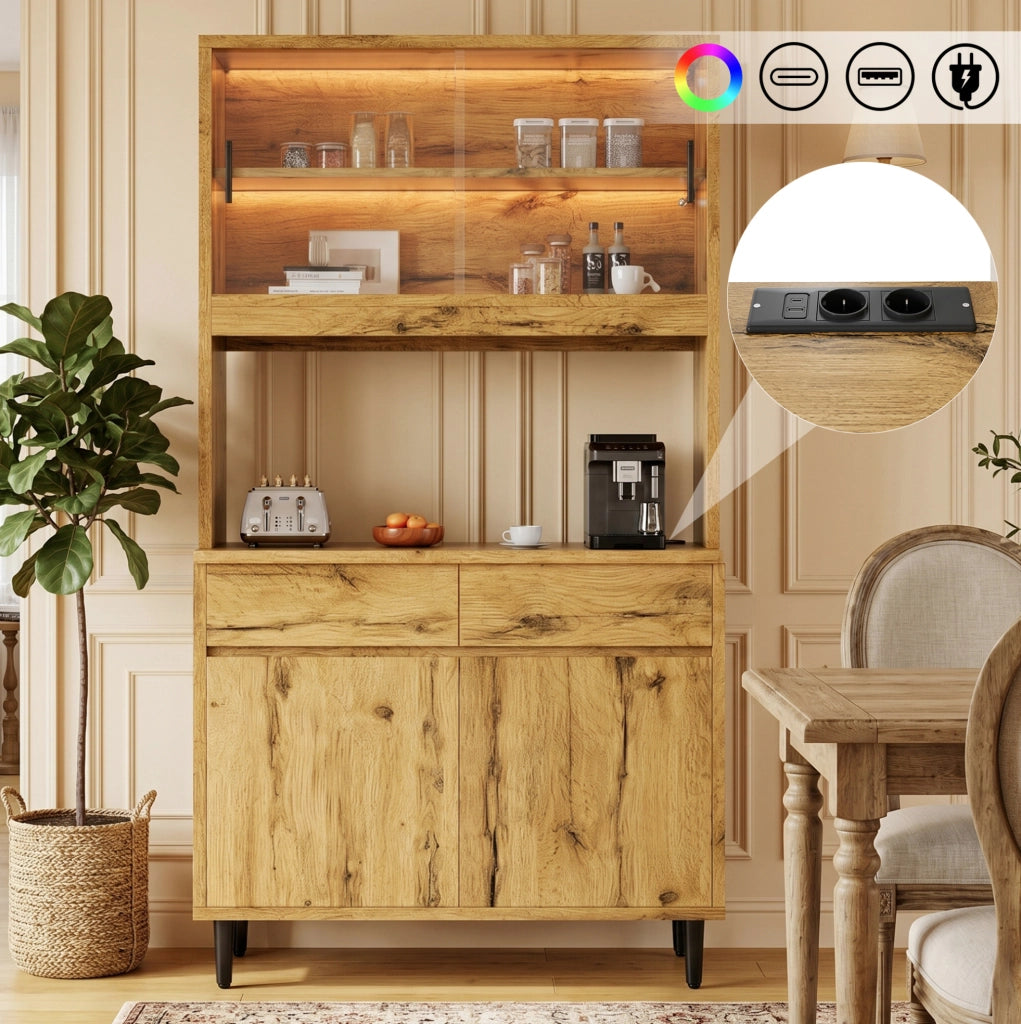 Mobile buffet con illuminazione LED, prese integrate USB-C e USB-A, 100x40x185 cm, colore quercia