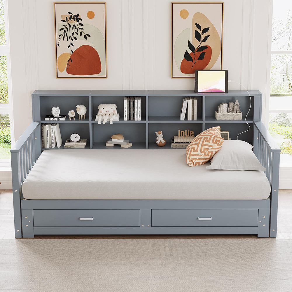 Divano letto estensibile 90/180x190cm - Xylo - grigio, 2 cassetti, doghe