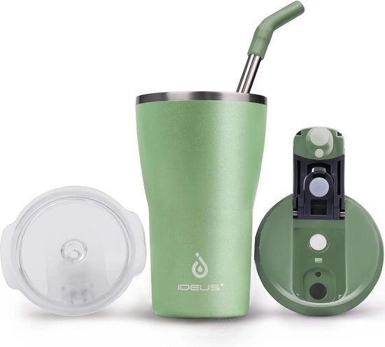 Bicchiere termico, 420 ml, bicchiere a doppia parete per caffè, acciaio inossidabile, bicchiere per caffè, tazza da viaggio con chiusura ermetica e strofinaccio, adatto per bevande calde e fredde, verde
