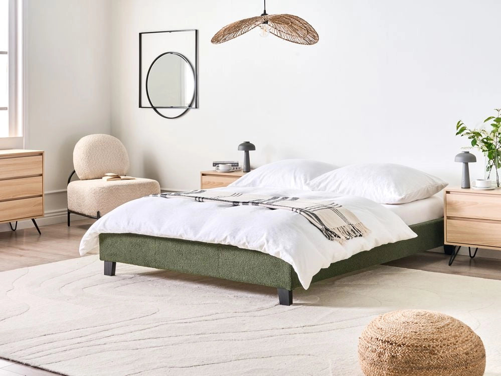 Letto matrimoniale in bouclé verde scuro con rete a doghe 140 x 200 cm stile moderno