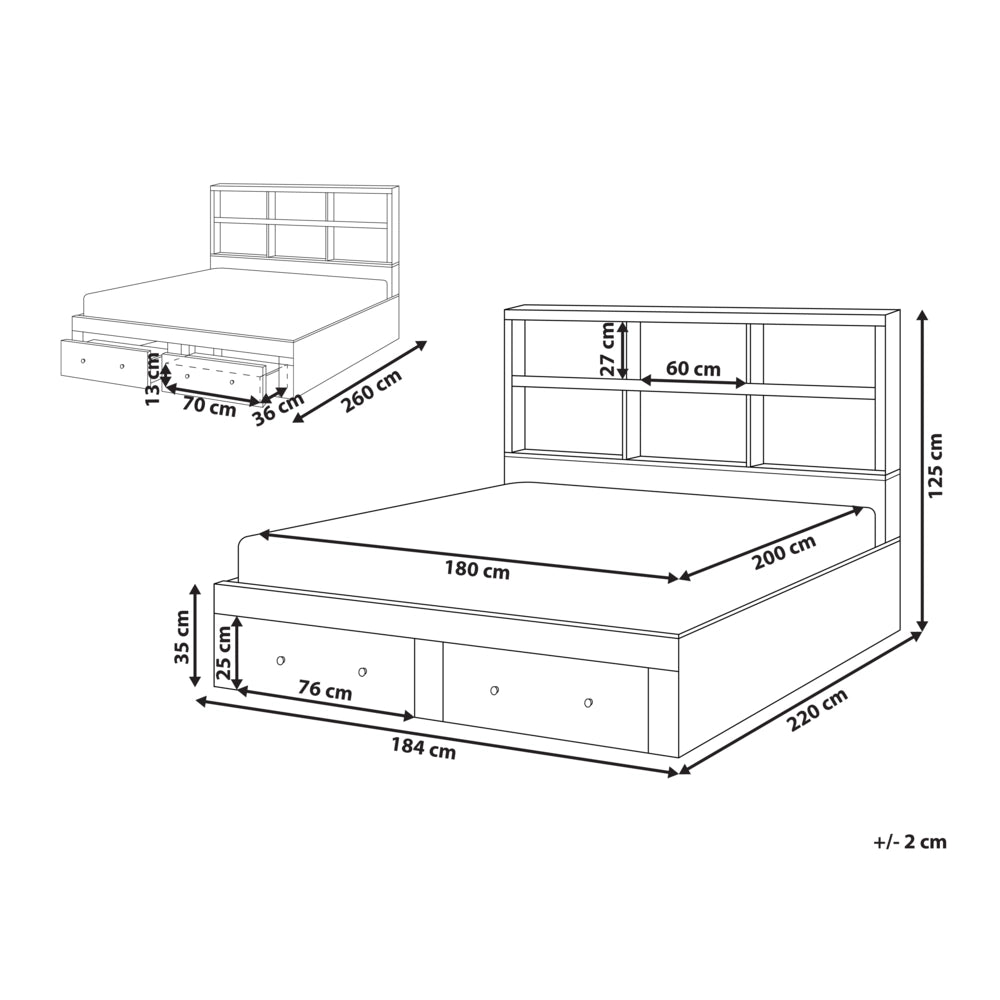 Letto matrimoniale in legno con contenitori a 2 cassetti e ripiani bianco 180 x 200 cm stile minimalista