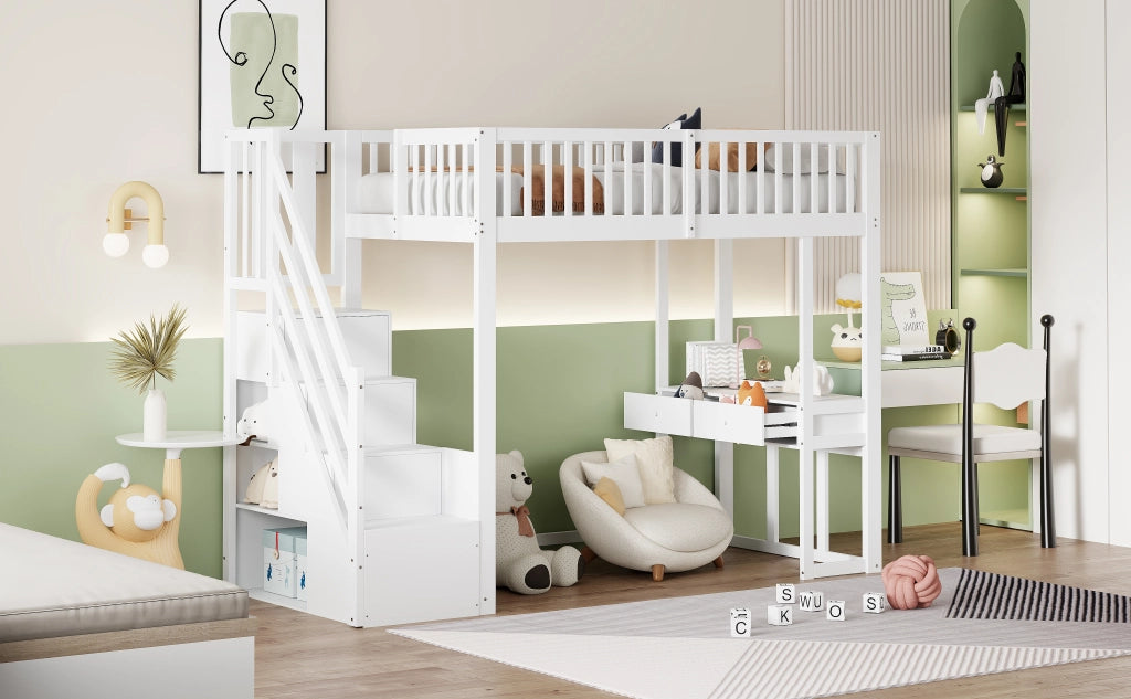 DESMIU Letto a soppalco 1 posto con scala contenitore, scrivania e spazio sotto il letto, 90 × 200 cm, senza materasso