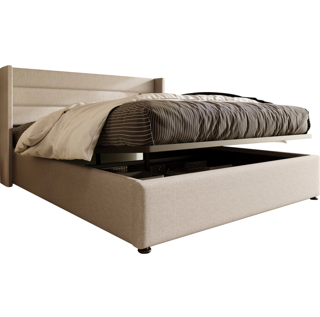Letto matrimoniale imbottito 160x200 cm con contenitore e apertura idraulica; lino beige