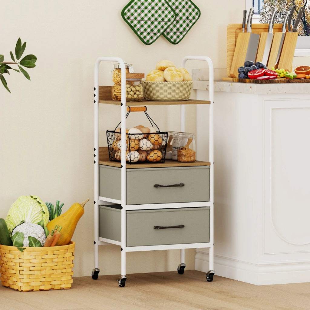 Carrello stoccaggio rotelle supporto 2 ripiani 2 cassetti tessuto, Carrello organizer trucco 4 ruote camera letto Legno naturale-Carrelli