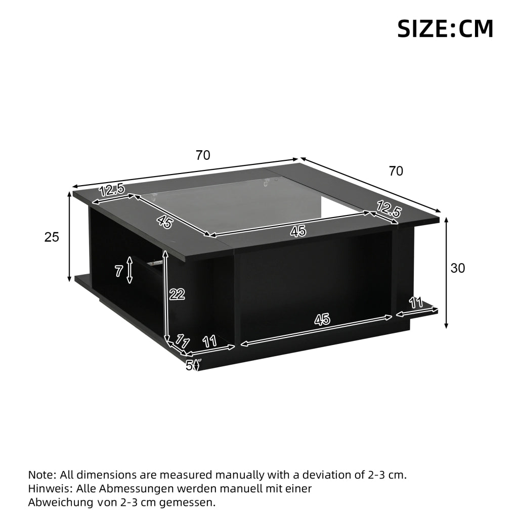 Tavolino basso con LED, piano in vetro e vani aperti, per soggiorno, in truciolare nero, 70 × 70 × 30 cm