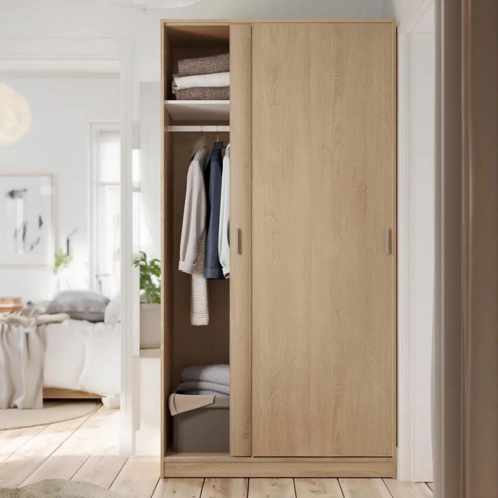Armadio Guardaroba Vestiti 2 Ante Scorrevoli 1 Ripiano Con Barra Appendiabiti Salvaspazio Ideale Per Arredare Camera Da Letto Stanza Matrimoniale Cameretta 200 x 100 x 50 Cm Rovere Canadese