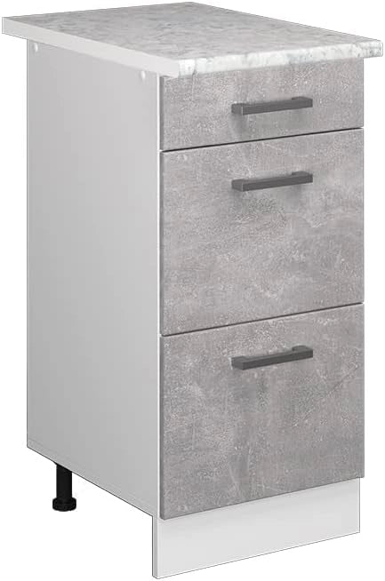 Mobiletto base per cucina R-Line, Calcestruzzo, 40 cm con cassetti PL Marmo, per la libera combinazione all'interno di sistemi cucina modulari