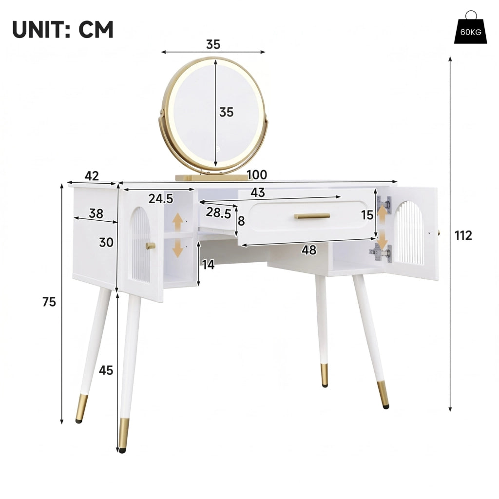 Toeletta LED con specchio; 1 cassetto e 2 ante; 100x42x112 cm; bianco e oro