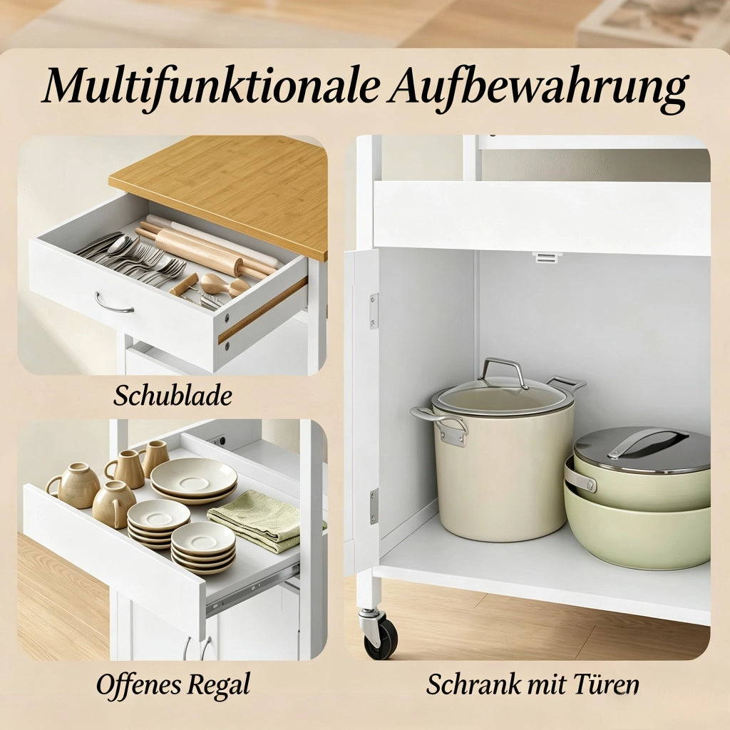 Carrello da cucina con ruote, 2 prese, 1 cassetto, 1 ripiano e 1 armadio, 60x45x92 cm