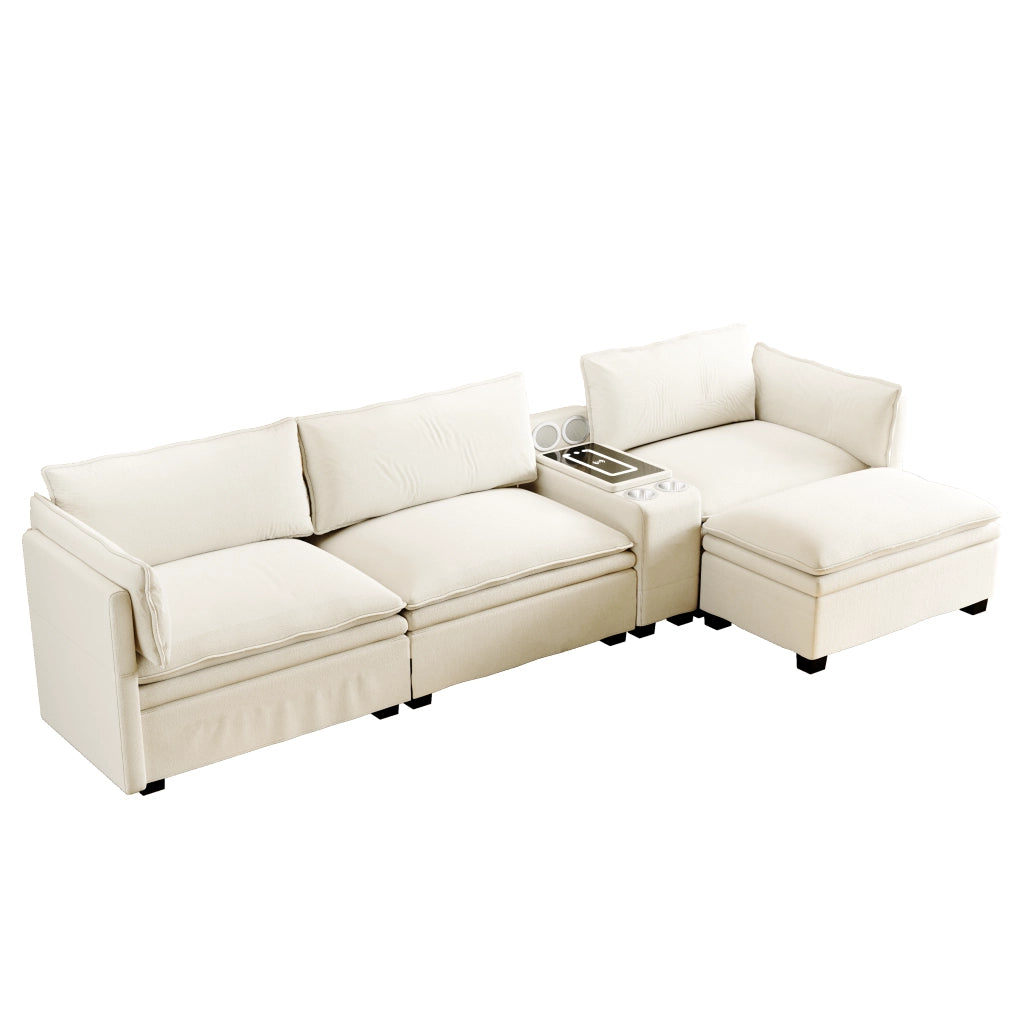 Divano Angolare Modulare con Contenitore, Luce e Speaker ¨C MINIMAL ¨C Chenille Beige/Bianco 315cm