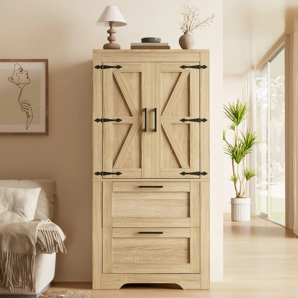 Credenza con 2 cassetti e ripiani regolabili in stile rustico per cucina, sala da pranzo e soggiorno in MDF naturale