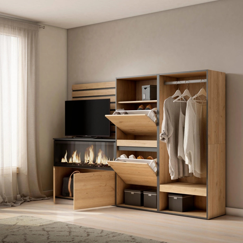 Credenza, 227x35x145cm, Camera da letto, Camino elettrico XXL, Scarpiera, Armadio Aperto, colore Rovere RF3398