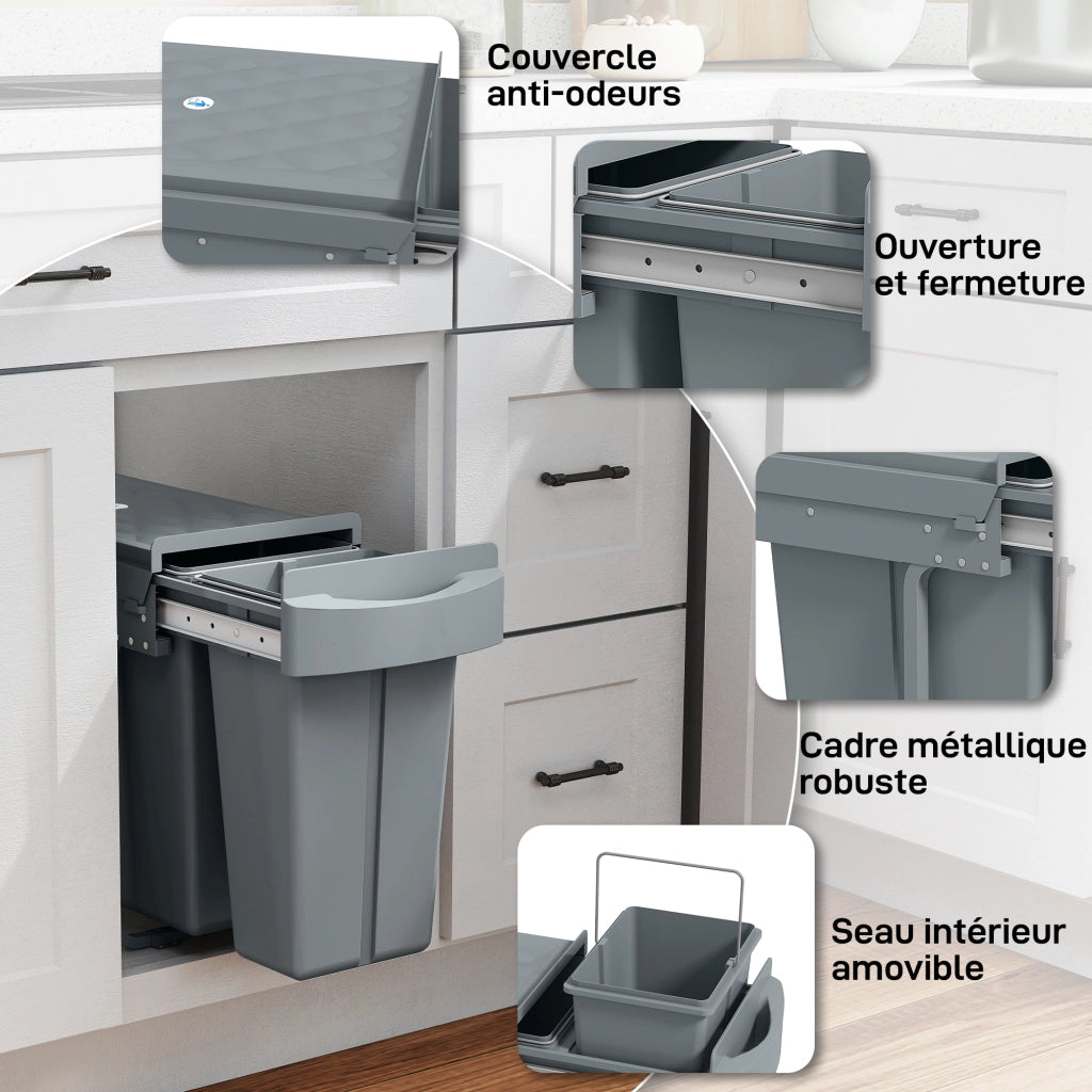 Cestino da cucina scorrevole 30L con 2 compartimenti ¨C zephmum ¨C grigio 52x26x40,8cm