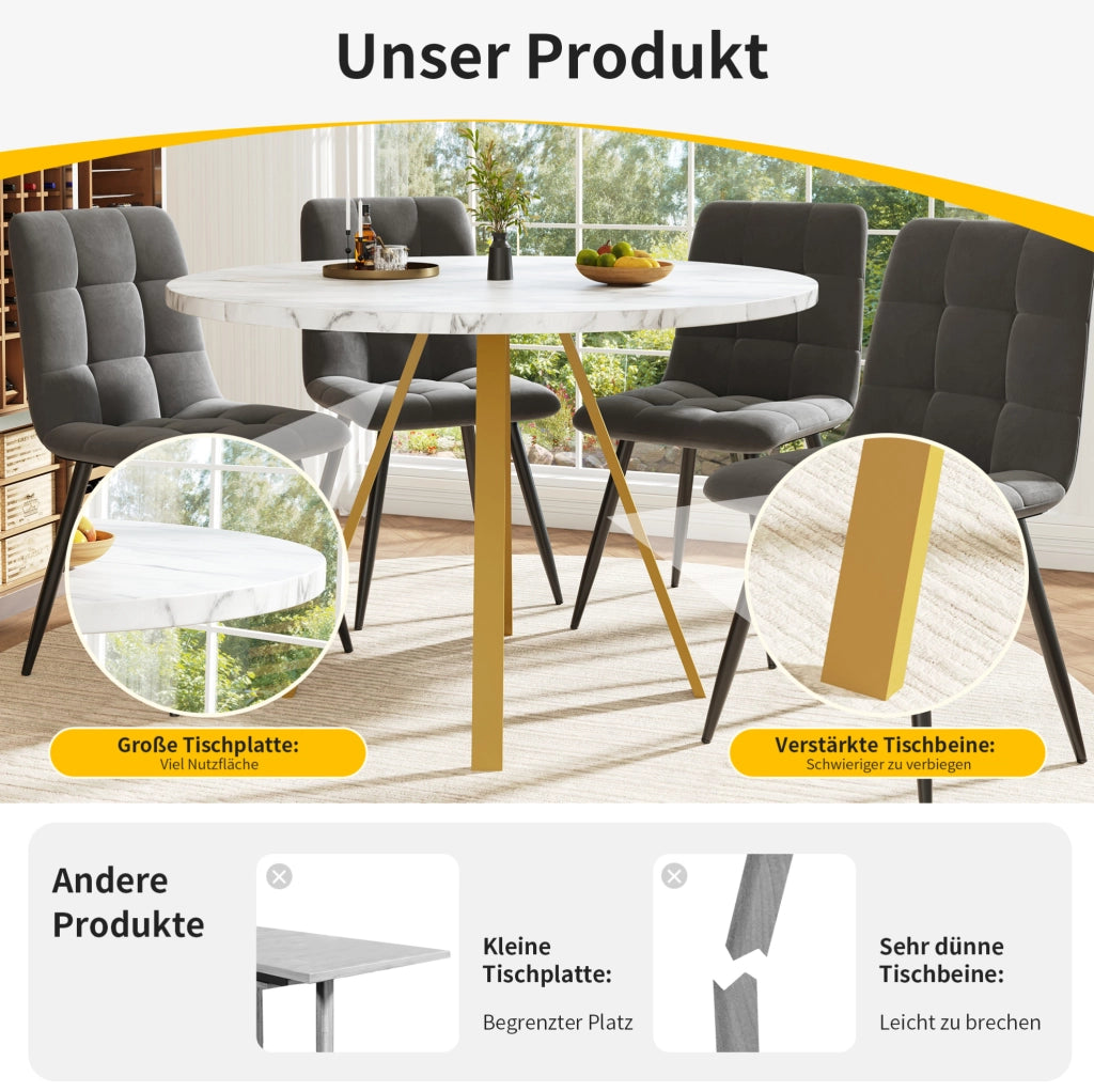 Set tavolo da pranzo rotondo con 4 sedie in velluto bianco e oro