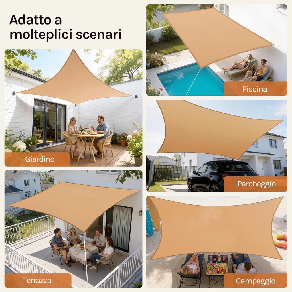 GZS1188sd9 Tenda a Vela Parasole Rettangolare Telo da Sole in HDPE Protezione Solare Respirante Anti UV Giardino Esterni Sabbia 5x7m