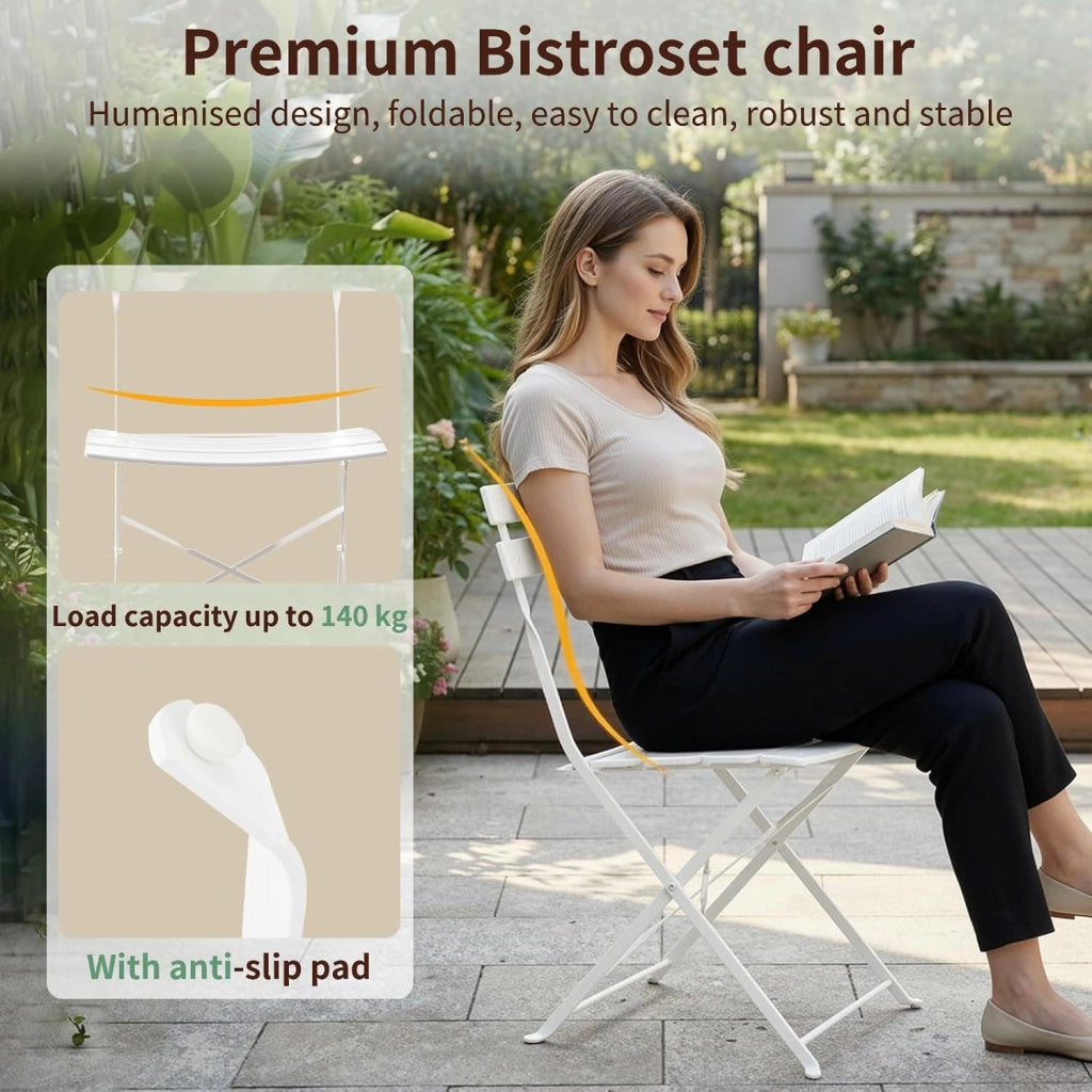 Set da Bistrot Pieghevole 3 Pezzi, Tavolo da Giardino Bistrot in Metallo, 1 Tavolo e 2 Sedie per Piccoli Balconi, Resistente alle Intemperie, per Balcone, Giardino e Terrazzo, Bianco