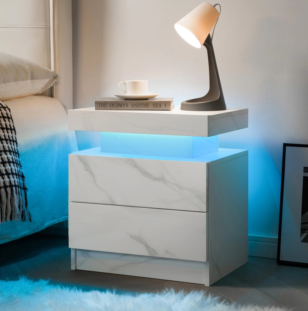 Comodino Moderno con Luce LED Regolabile e 2 Cassetti, Tavolino da Camera Bianco Pietra