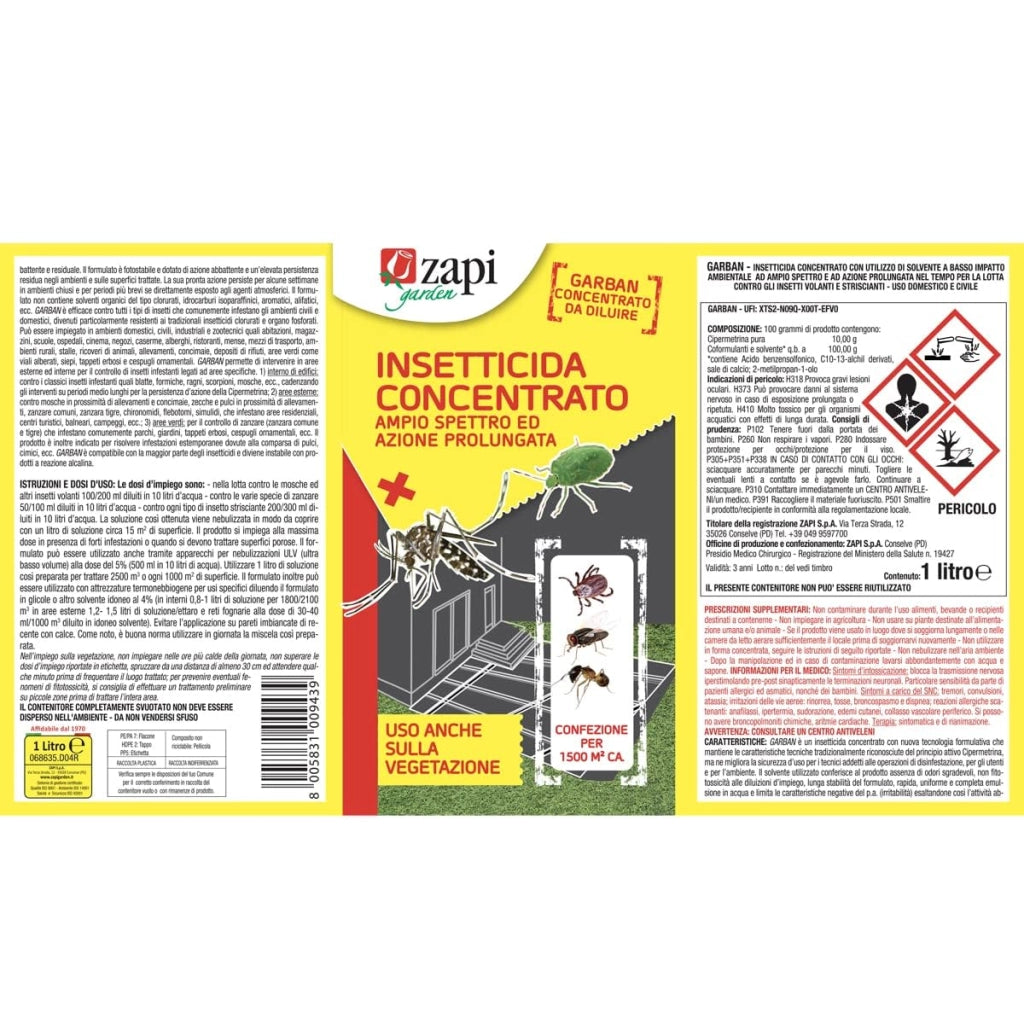 Insetticida concentrato Zapi 1 L contro zanzare mosche zecche pulci blatte formiche ampio spettro e azione prolungata