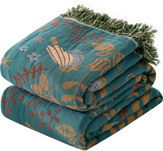 Biancheria da letto a quadri - Copriletto - Trapunta per divano - Coperta - Stampa di uccelli e fiori - 150x200cm - Cotone - Verde