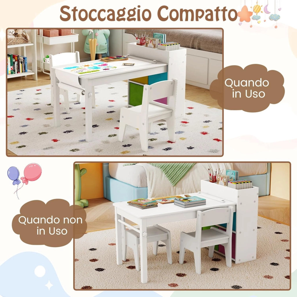 3 in 1 Set Tavola d’Arte e 2 Sedie per Bambini, Tavolo in Legno con Rotolo di Carta per Disegnare, Mobile Montessori per Cameretta con Ripiani e 4 Cassetti in Tessuto Salvaspazio (Bianco)