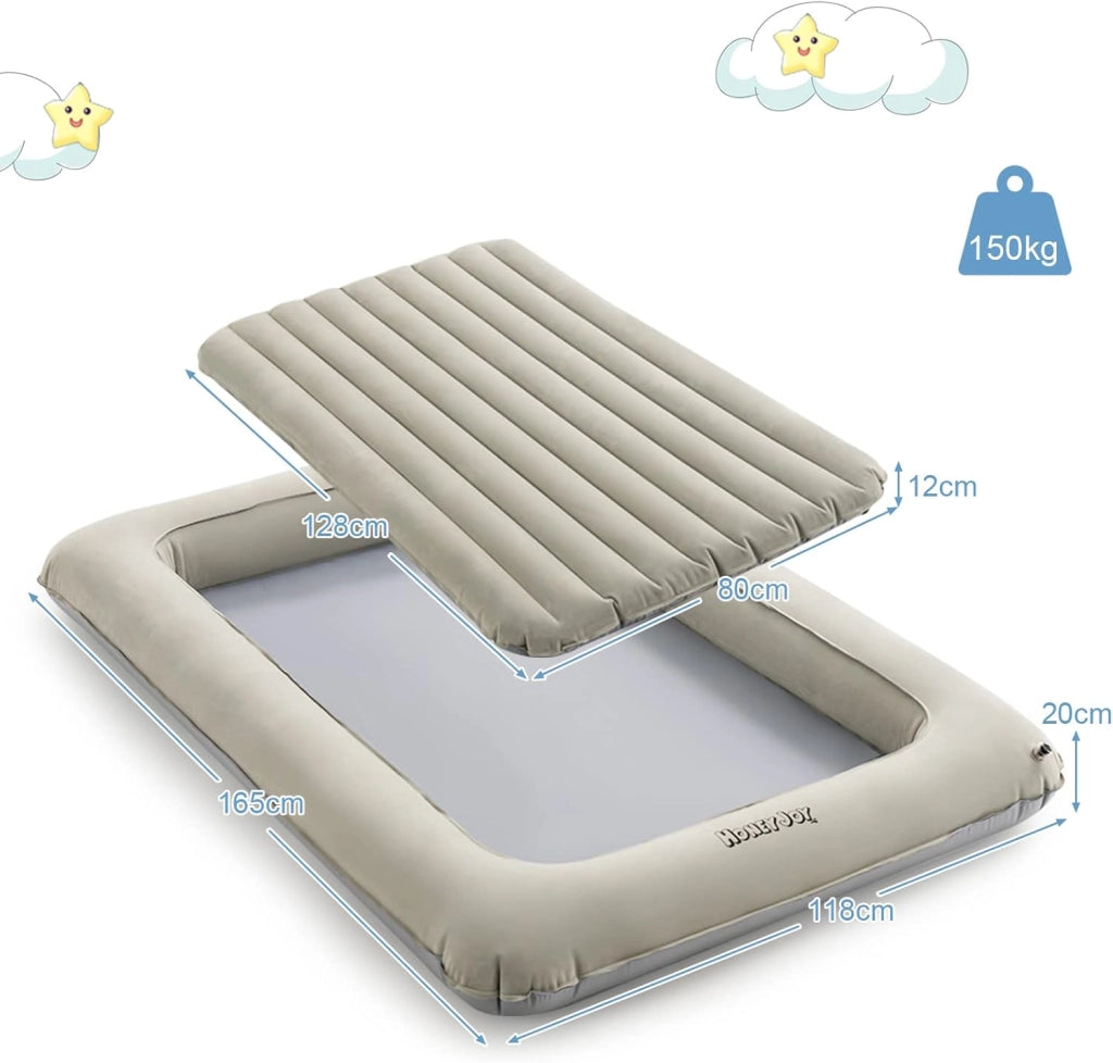 Letto Gonfiabile per Bambini in Viaggio, Set di Materasso Ad Aria Portatile con Pompa Elettrica, Letto Gonfiabile con Barriere Laterali Alte, 165x118x20 cm, Carico150 kg (Grigio)