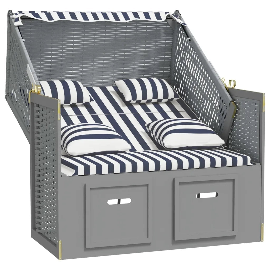 Strandkorb con Cuscini Polyrattan e Legno Massello Blu e Bianco 318660
