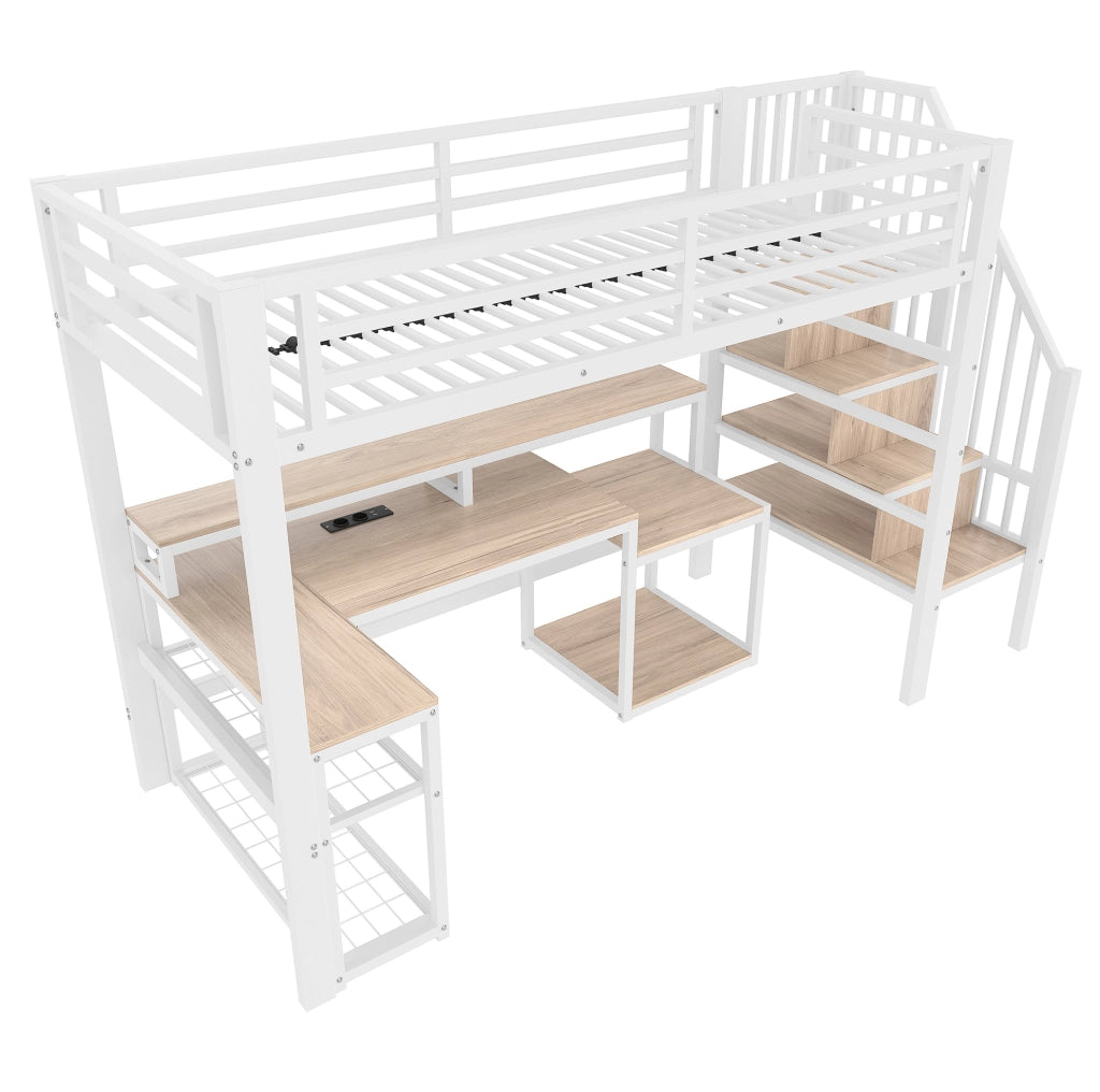 Letto a soppalco ULEVR 90x200 cm con scrivania, LED regolabile via app, USB e ripiani, bianco