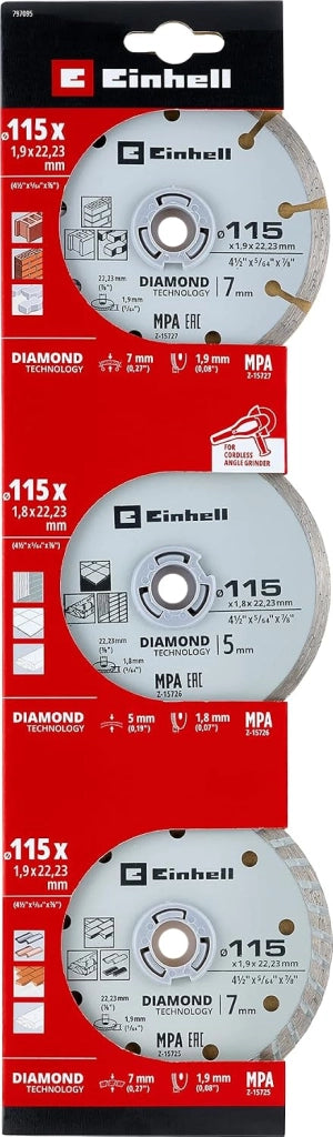 Einhell SET DISCHI TRONCATORI DIAMANTATI 3 PZ.  Ø 115 x 1,2 mm