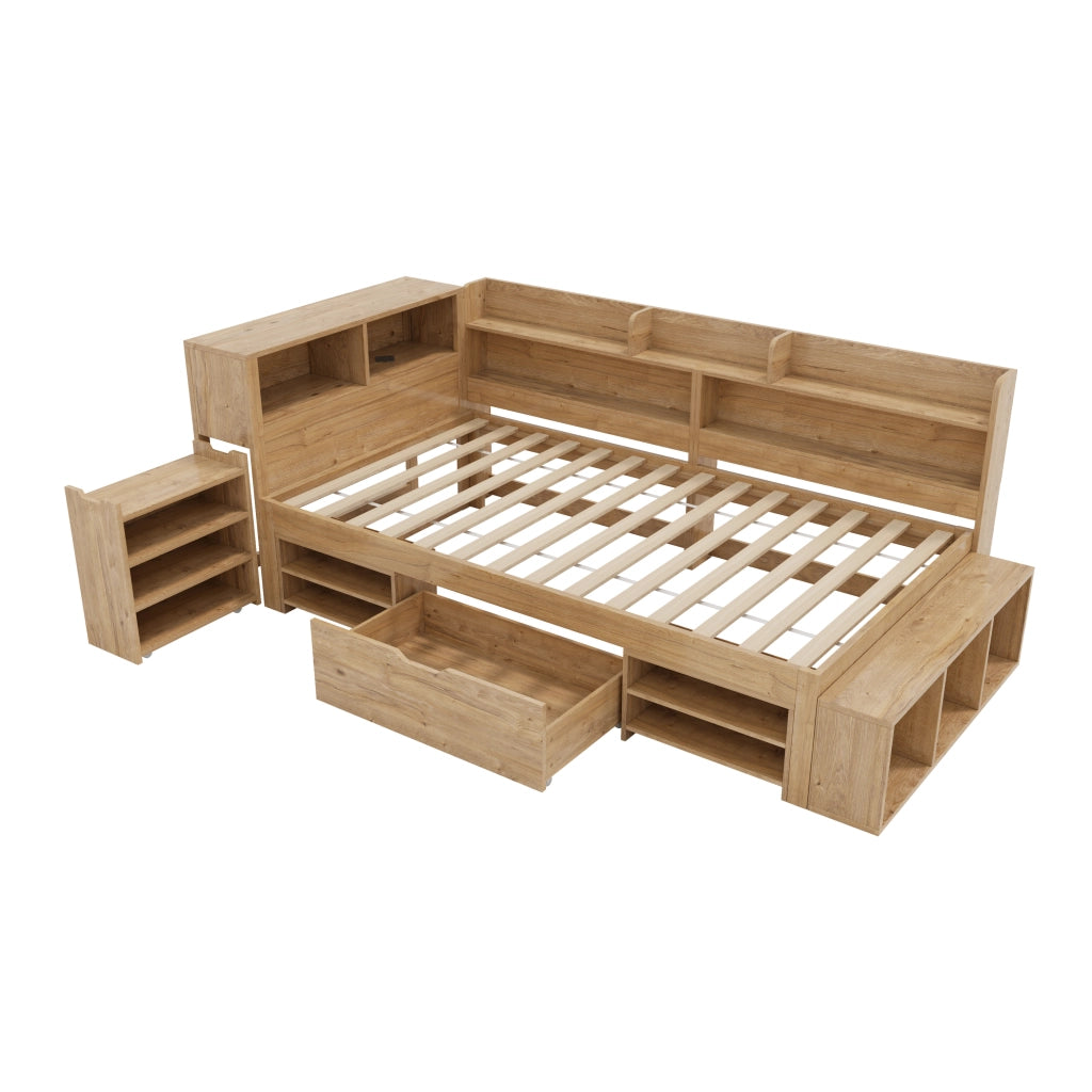 Letto bambini con contenitore 90x200 cm in legno naturale, con libreria e cassetti, senza materasso
