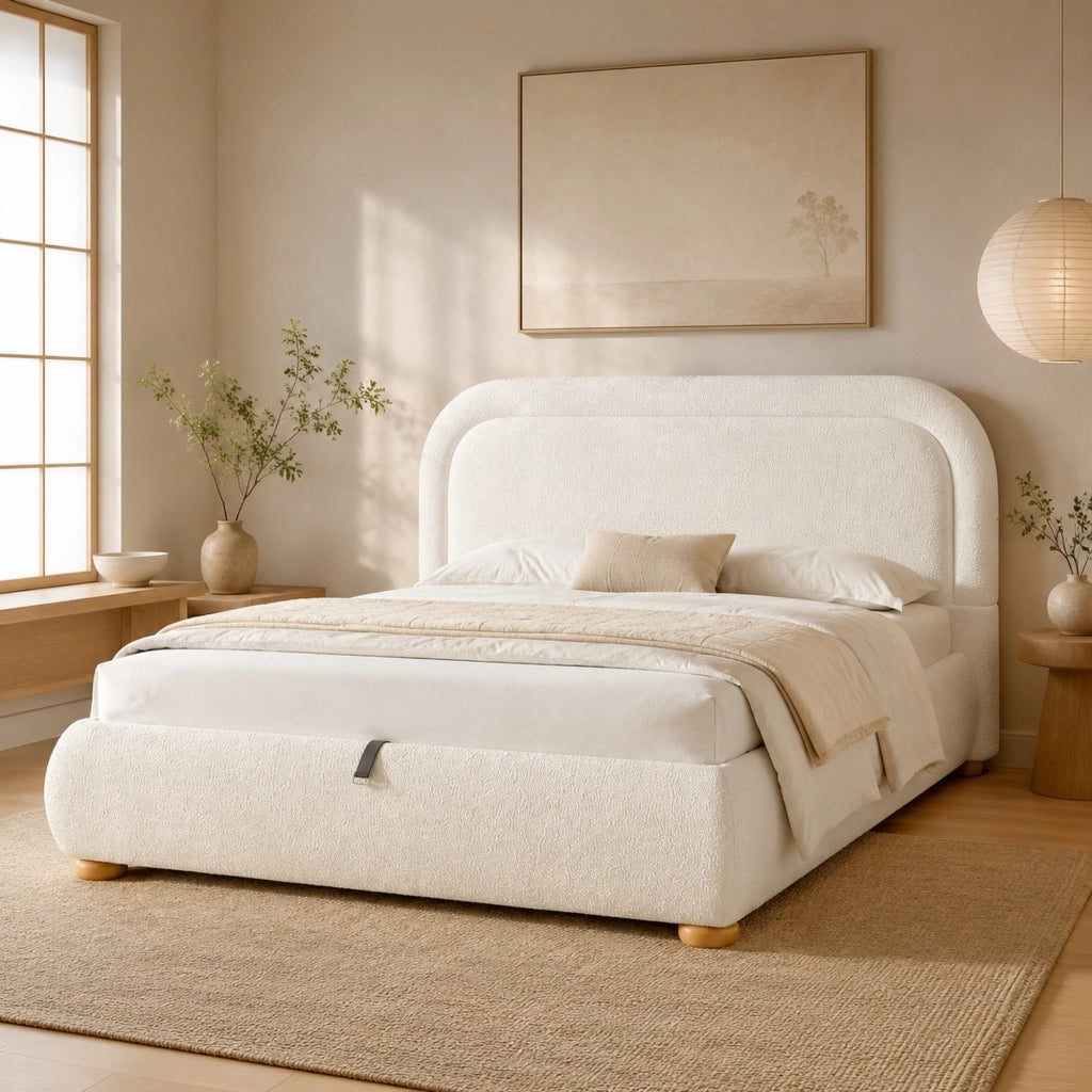 Letto matrimoniale 160x200 cm in bouclé bianco con contenitore idraulico, rete a doghe e struttura robusta