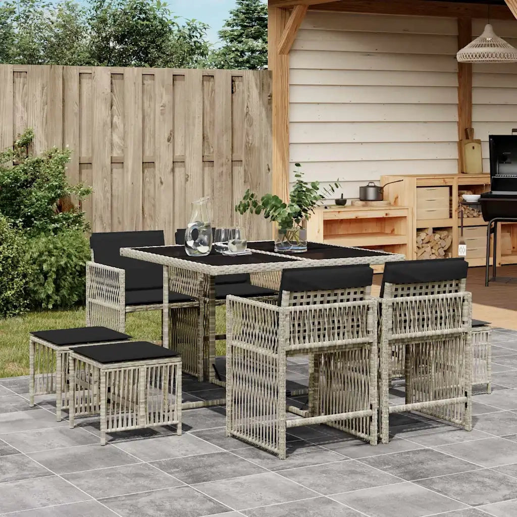 Set Pranzo da Giardino 9pz con Cuscini Grigio Chiaro Polyrattan