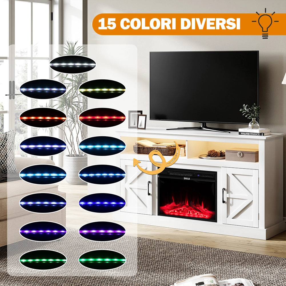 Mobile TV Bianco con Camino Elettrico Effetto Fiamma 3D e Telecomando Luci RGB
