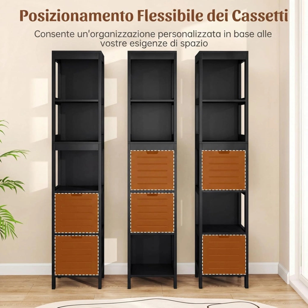Mobiletto Alto e Stretto Salvaspazio, Mobile da Bagno con 2 Cassetti e 3 Ripiani, Mobiletto in Legno per Camera da Letto, Soggiorno e Ingresso, 30,5 x 30,5 x 145 cm (Nero)