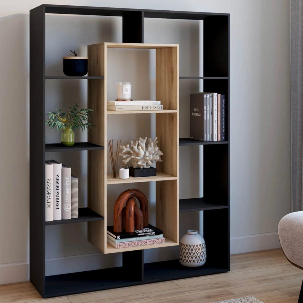 IDMarket - Libreria COLETTE con 11 scomparti neri ed effetto legno H.143 cm