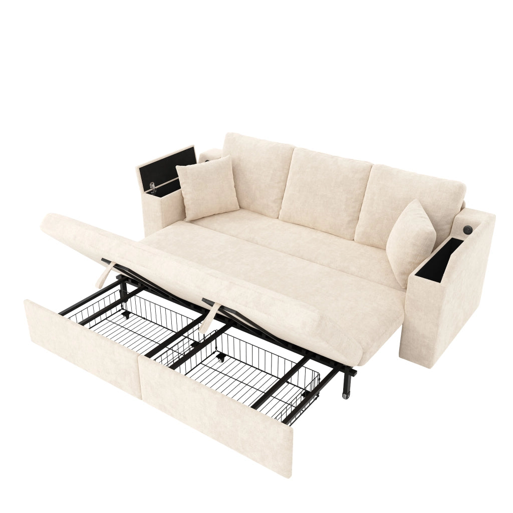 Divano letto modulare a 3 posti con funzione letto, porta USB e Type-C, vani contenitore, in chenille beige