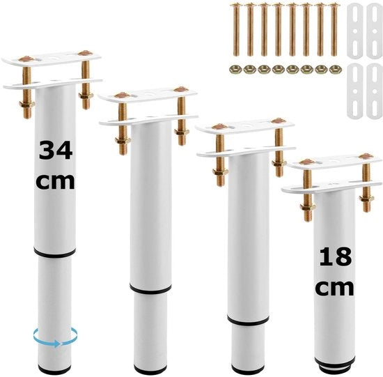 Sostegni per mobili - Altezza regolabile 18-34 cm - Robusti e duraturi - Bianchi - Sostegni per letti e poltrone - Adatti per mobili in legno.