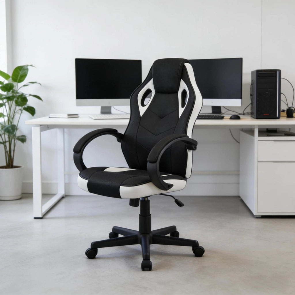 Sedia gaming ergonomica regolabile con poggiatesta nero/bianco