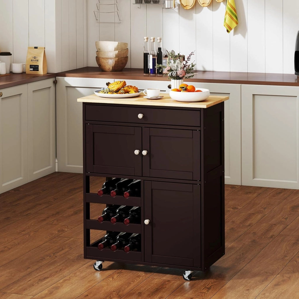 Carrello da cucina mobile con cassetto, porte e ripiani per bottiglie, isola di cucina con ruote e coperchio in legno di gomma, 67 x 37 x 86 cm, mobile di stoccaggio per sala da pranzo
