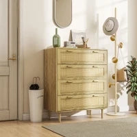 Mobile Cassettiera 4 Cassetti Stile Boho in Legno e Rattan, 90x45x108.5cm, Rovere