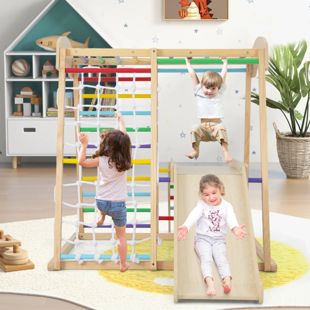 Parco giochi 6-in-1 per bambini 1+ anni con barre di scimmia scivolo corda e scale in legno, Palestra in legno Colorato-Arrampicate e scivoli