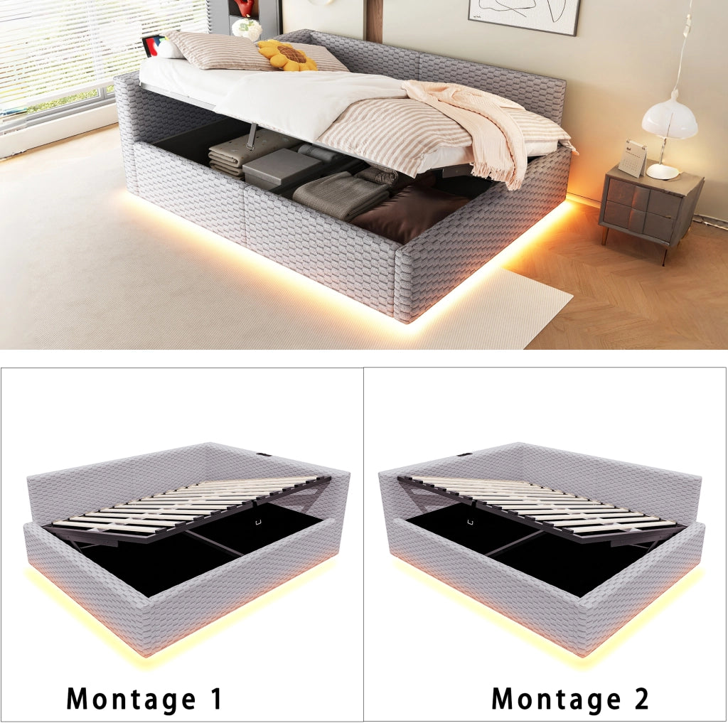Letto divano contenitore 140 × 200 cm con LED, 2 USB e Type-C, senza materasso, in velluto, grigio