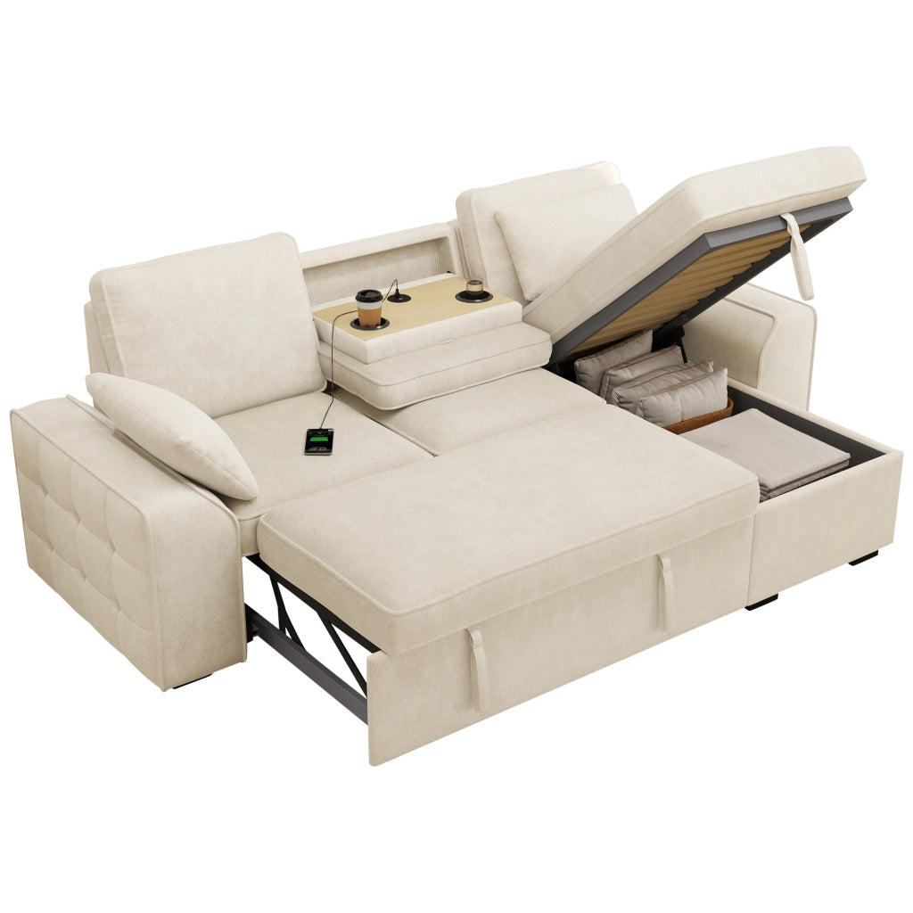 Divano angolare 3 posti - con funzione letto e contenitore - per soggiorno - in chenille beige